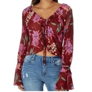 Free People Mesh Floral Long Sleeve floral Boho Flounce Sleeves Size Small‎